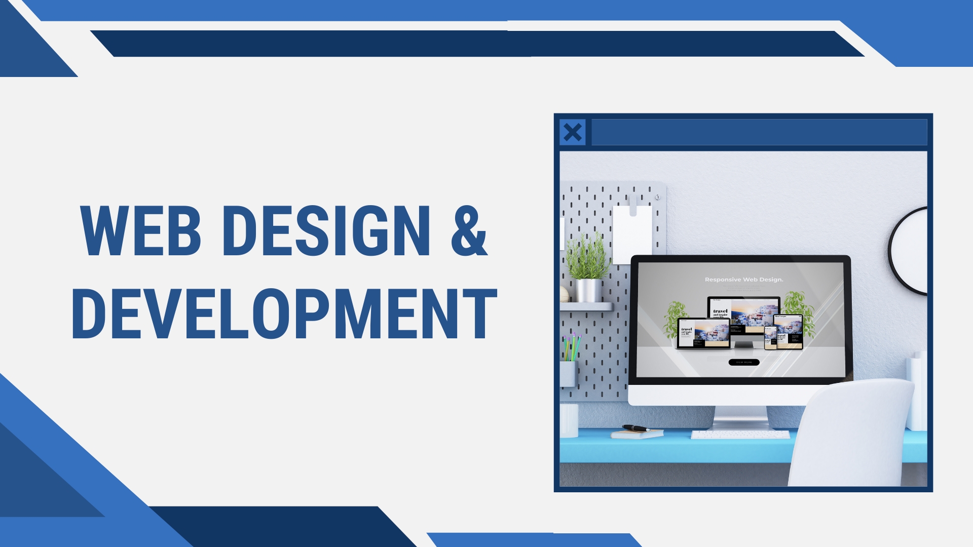 White Dusk Blue And Nile Blue Geometric Web Design And Development Presentation